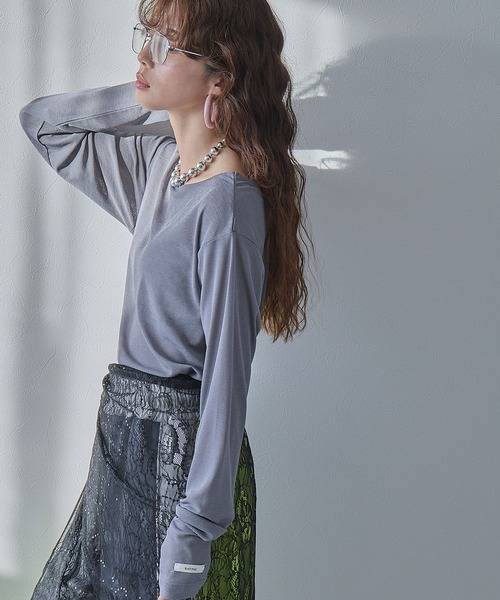 bohmal(ボマール)の「前後2WAYシアーロングトップス【大きいサイズ有り】(Tシャツ/カットソー・レディース・ブルー/グレー/ライム/ホワイト/ブラック/ピンク・M~L/LL~3L)」の4枚目の写真