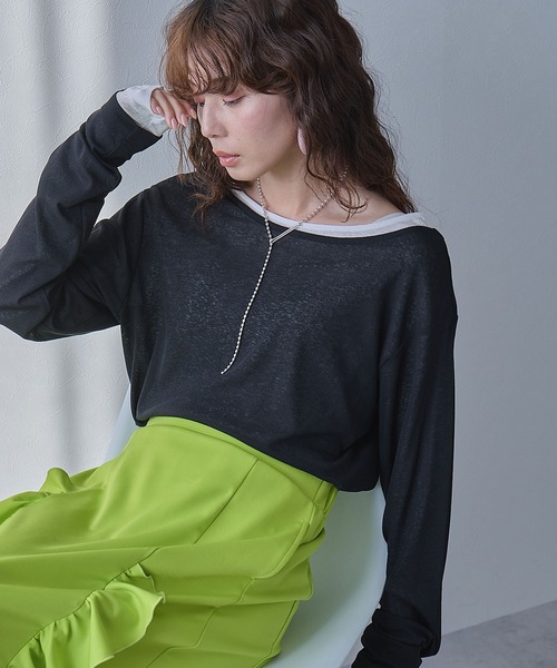 bohmal(ボマール)の「前後2WAYシアーロングトップス【大きいサイズ有り】(Tシャツ/カットソー・レディース・ブルー/グレー/ライム/ホワイト/ブラック/ピンク・M~L/LL~3L)」の3枚目の写真