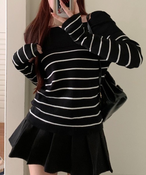 Teem Store(チームストア)の「2WAY リブラグラン オフショルニット(ニット/セーター・レディース・ホワイト/ブラック系/ホワイト系/ブラック・F)」の17枚目の写真