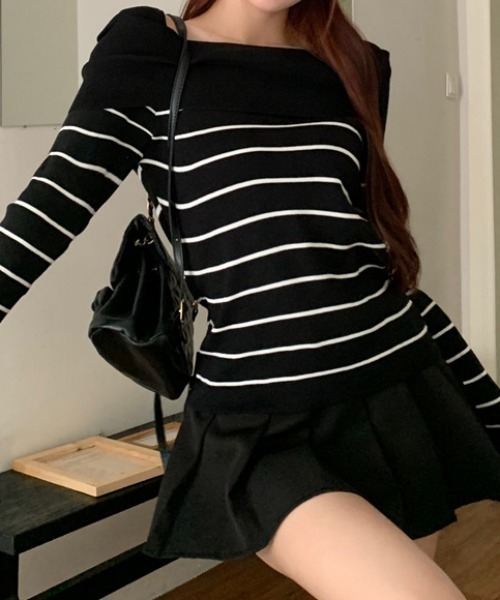 Teem Store(チームストア)の「2WAY リブラグラン オフショルニット(ニット/セーター・レディース・ホワイト/ブラック系/ホワイト系/ブラック・F)」の18枚目の写真
