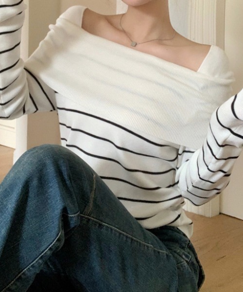Teem Store(チームストア)の「2WAY リブラグラン オフショルニット(ニット/セーター・レディース・ホワイト/ブラック系/ホワイト系/ブラック・F)」の10枚目の写真