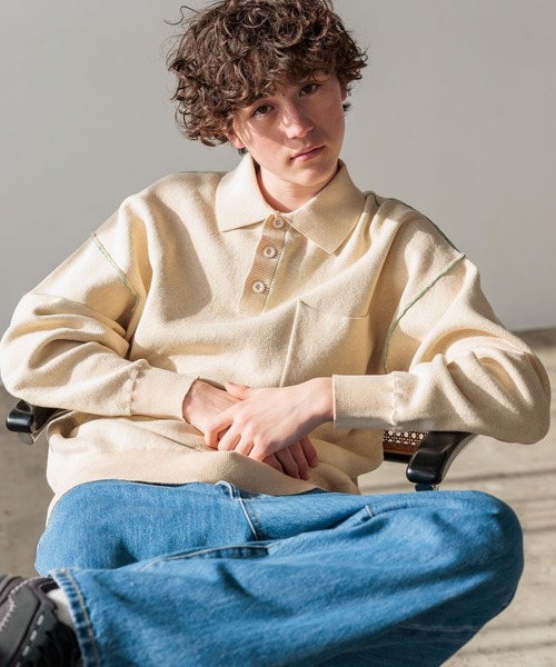 niko and...（ニコアンド）の「無地ジャカードニットポロシャツ（ポロシャツ・メンズ・アイボリー/ネイビー・LARGE/MEDIUM）」の21枚目の写真