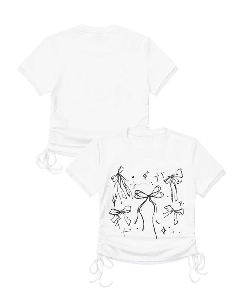 HOOK（フック）の「【HOOK】for　girls　裾シャーリングリボンプリント半袖TEE (SS)（Tシャツ/カットソー・レディース・ブラック/ホワイト/ピンク・SMALL/MEDIUM）」の2枚目の写真