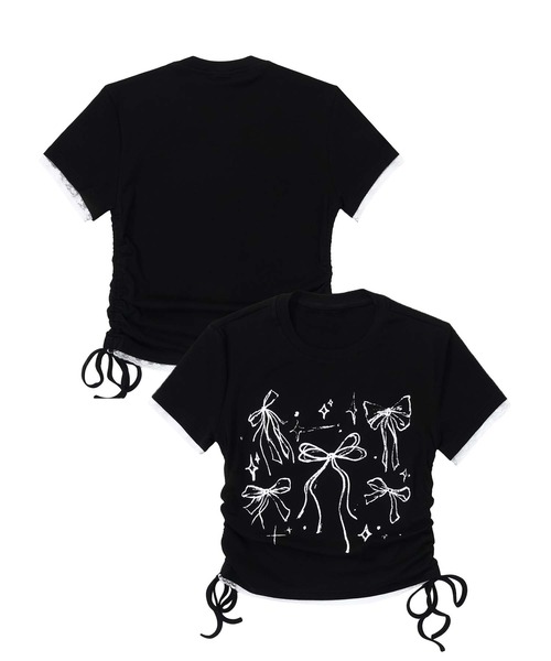 HOOK（フック）の「【HOOK】for　girls　裾シャーリングリボンプリント半袖TEE (SS)（Tシャツ/カットソー・レディース・ブラック/ホワイト/ピンク・SMALL/MEDIUM）」の3枚目の写真