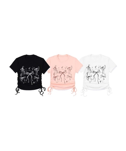 HOOK（フック）の「【HOOK】for　girls　裾シャーリングリボンプリント半袖TEE (SS)（Tシャツ/カットソー・レディース・ブラック/ホワイト/ピンク・SMALL/MEDIUM）」の5枚目の写真