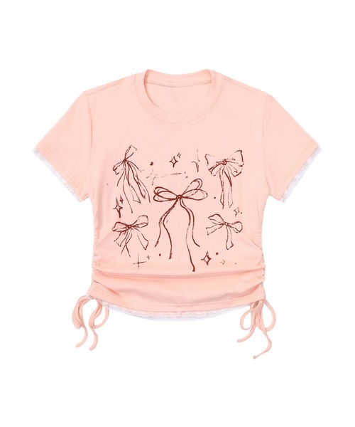 HOOK（フック）の「【HOOK】for　girls　裾シャーリングリボンプリント半袖TEE (SS)（Tシャツ/カットソー・レディース・ブラック/ホワイト/ピンク・SMALL/MEDIUM）」の11枚目の写真