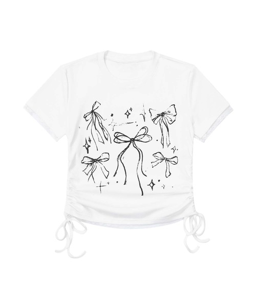 HOOK（フック）の「【HOOK】for　girls　裾シャーリングリボンプリント半袖TEE (SS)（Tシャツ/カットソー・レディース・ブラック/ホワイト/ピンク・SMALL/MEDIUM）」の7枚目の写真