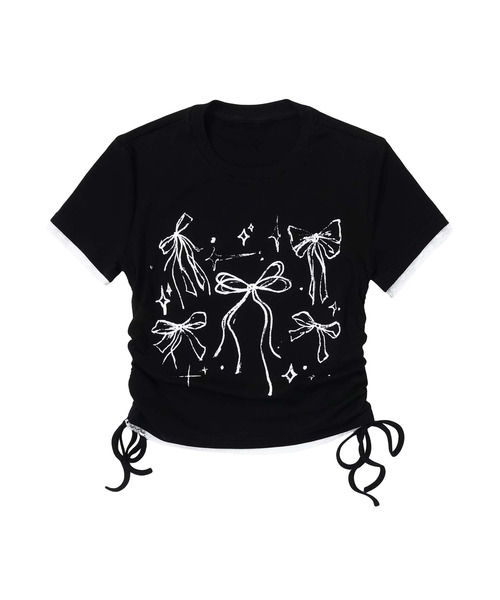 HOOK（フック）の「【HOOK】for　girls　裾シャーリングリボンプリント半袖TEE (SS)（Tシャツ/カットソー・レディース・ブラック/ホワイト/ピンク・SMALL/MEDIUM）」の9枚目の写真