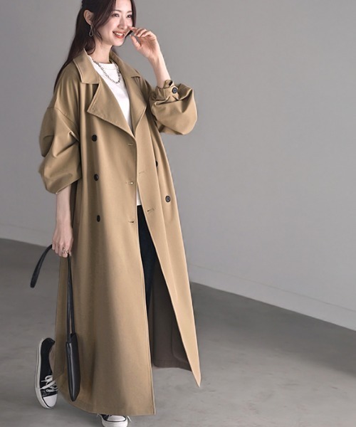 HUG.U(ハグユー)の「花粉防止・撥水 ロングトレンチコート(トレンチコート・レディース・ブラック/アイボリー/ベージュ・FREE)」の1枚目の写真