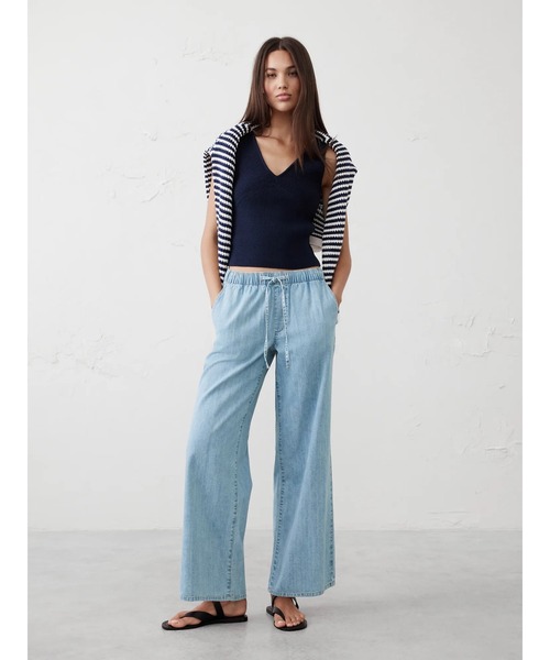 GANNI リボン総柄ミッドライズワイドレッグジーンズパンツ　デニム レディース】Heavy Washed Denim Flared Skirt Jeans | GANNI