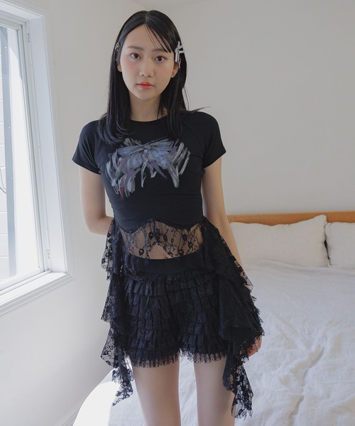 3.3 Field Trip （3.3フィールドトリップ）の「3.3 Field Trip／リボンプリントフリルT（Tシャツ/カットソー・レディース・ホワイト/グレー/ブラック・FREE）」の2枚目の写真