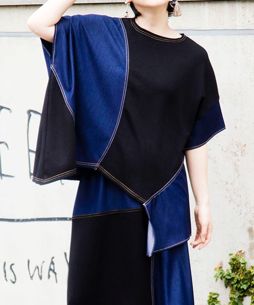 OSMOSIS(オズモーシス)の「切替アシンメトリーTシャツ(Tシャツ/カットソー・レディース・ブラック/ブルー・ONE SIZE)」の2枚目の写真