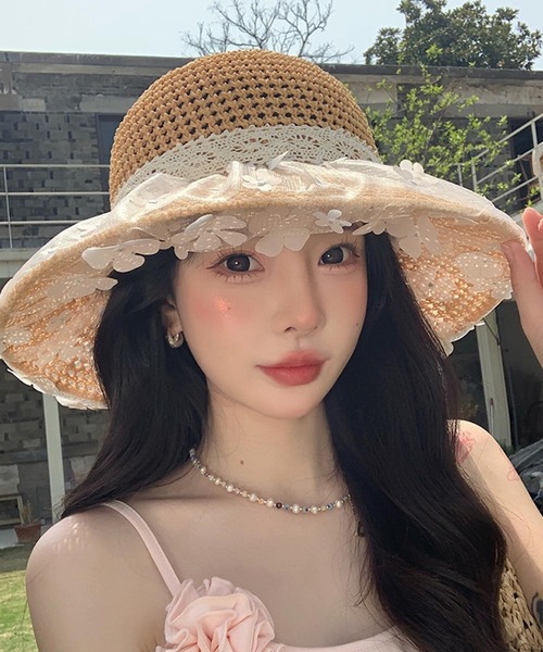 TONE SELECT GOODS(トーンセレクトグッズ)の「pur chouchou/チュール フラワー リボン 麦わら帽子 P4487(ハット・レディース・ベージュ/ブラウン・FREE)」の1枚目の写真