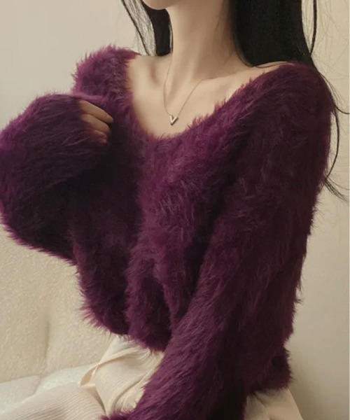 kirakiraShop(キラキラショップ)の「一目惚れするふんわり感、シャギーニット。Vネック ジャギー ニット(ニット/セーター・レディース・イエロー/パープル/ホワイト/グリーン/ブラック/グレー・FREE)」の5枚目の写真