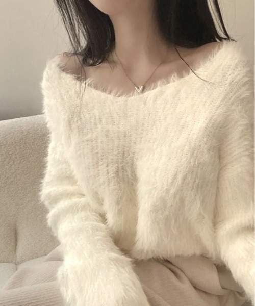 kirakiraShop(キラキラショップ)の「一目惚れするふんわり感、シャギーニット。Vネック ジャギー ニット(ニット/セーター・レディース・イエロー/パープル/ホワイト/グリーン/ブラック/グレー・FREE)」の19枚目の写真