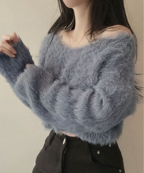 kirakiraShop(キラキラショップ)の「一目惚れするふんわり感、シャギーニット。Vネック ジャギー ニット(ニット/セーター・レディース・イエロー/パープル/ホワイト/グリーン/ブラック/グレー・FREE)」の8枚目の写真