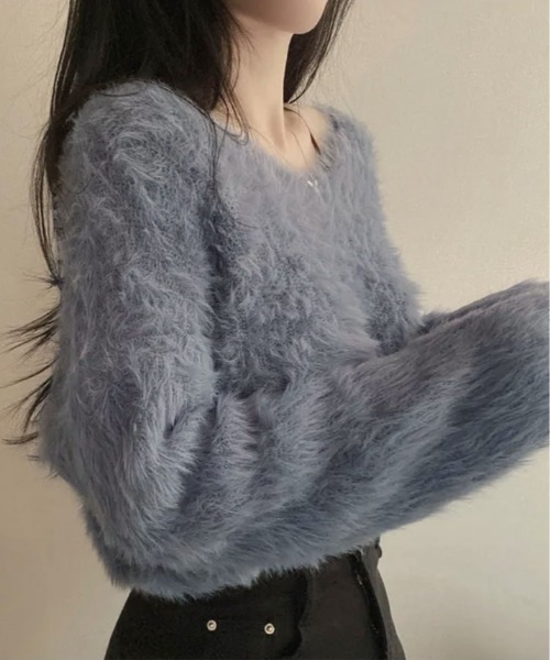 kirakiraShop(キラキラショップ)の「一目惚れするふんわり感、シャギーニット。Vネック ジャギー ニット(ニット/セーター・レディース・イエロー/パープル/ホワイト/グリーン/ブラック/グレー・FREE)」の9枚目の写真