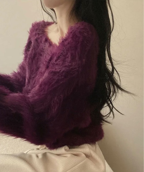 kirakiraShop(キラキラショップ)の「一目惚れするふんわり感、シャギーニット。Vネック ジャギー ニット(ニット/セーター・レディース・イエロー/パープル/ホワイト/グリーン/ブラック/グレー・FREE)」の14枚目の写真