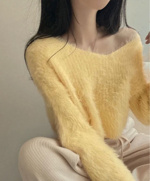 kirakiraShop(キラキラショップ)の「一目惚れするふんわり感、シャギーニット。Vネック ジャギー ニット(ニット/セーター・レディース・イエロー/パープル/ホワイト/グリーン/ブラック/グレー・FREE)」の16枚目の写真