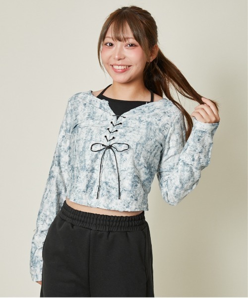 GORGE(ゴージ)の「《レースアップ×ペイント柄》レディース クロップドトップス 編み上げデザイン 春秋(Tシャツ/カットソー・レディース・ブラック/ブルー・F)」の1枚目の写真