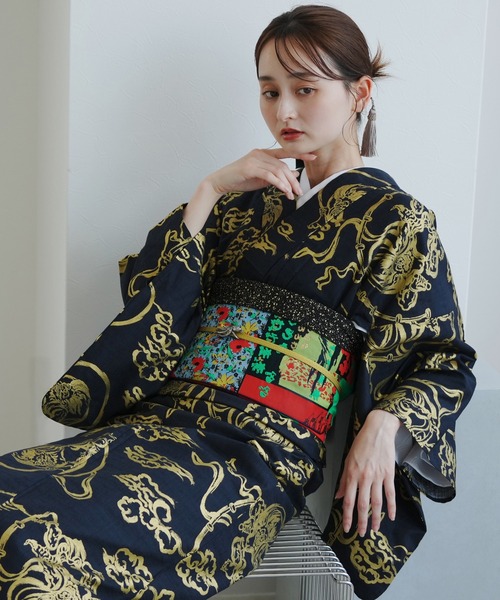 utatane(ウタタネ)の「着物 単衣 ニコアンティーク 風神雷神 ブラック(着物・レディース・ブラック・FREE)」の1枚目の写真