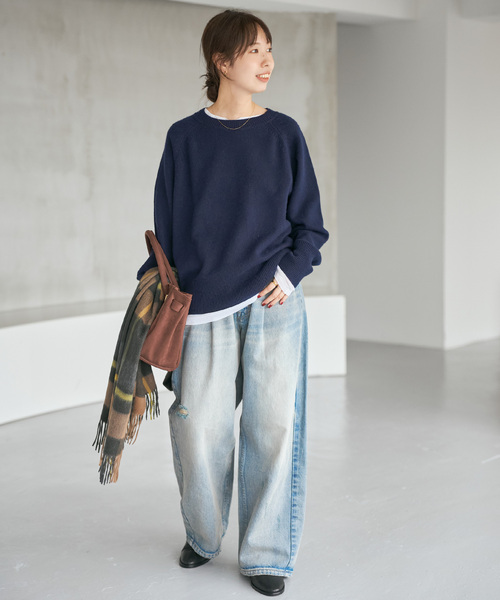 WEB限定カラー有り》ウールカシミヤ ラグランクルーネックニット