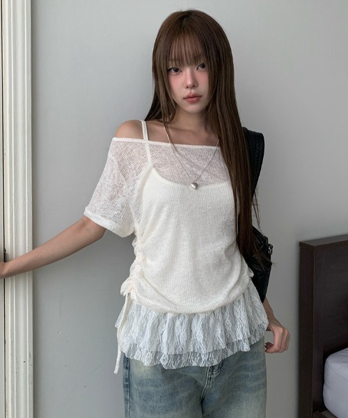 anyonemore(エニワンモア)の「テープヤーン半袖Tシャツ+裾レースフリルキャミソールセット(Tシャツ/カットソー・レディース・ライトベージュ/グレー・FREE)」の4枚目の写真