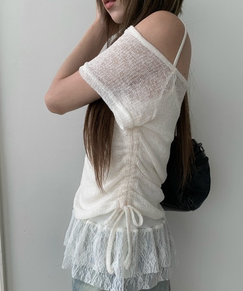 anyonemore(エニワンモア)の「テープヤーン半袖Tシャツ+裾レースフリルキャミソールセット(Tシャツ/カットソー・レディース・ライトベージュ/グレー・FREE)」の8枚目の写真