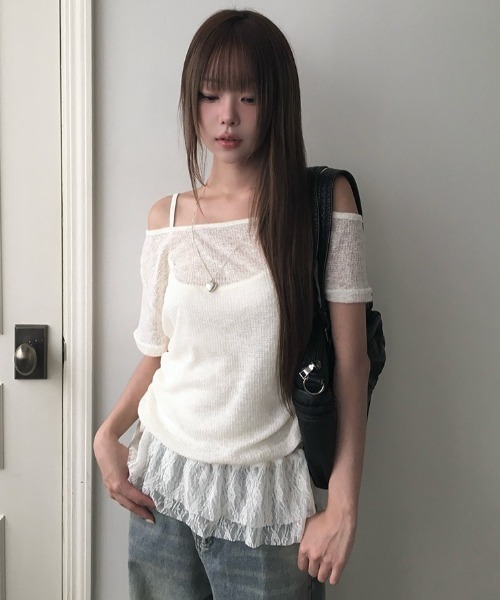 anyonemore(エニワンモア)の「テープヤーン半袖Tシャツ+裾レースフリルキャミソールセット(Tシャツ/カットソー・レディース・ライトベージュ/グレー・FREE)」の3枚目の写真