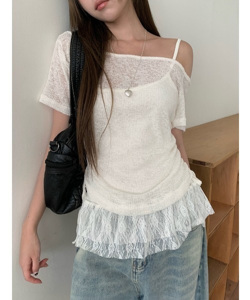 anyonemore(エニワンモア)の「テープヤーン半袖Tシャツ+裾レースフリルキャミソールセット(Tシャツ/カットソー・レディース・ライトベージュ/グレー・FREE)」の7枚目の写真