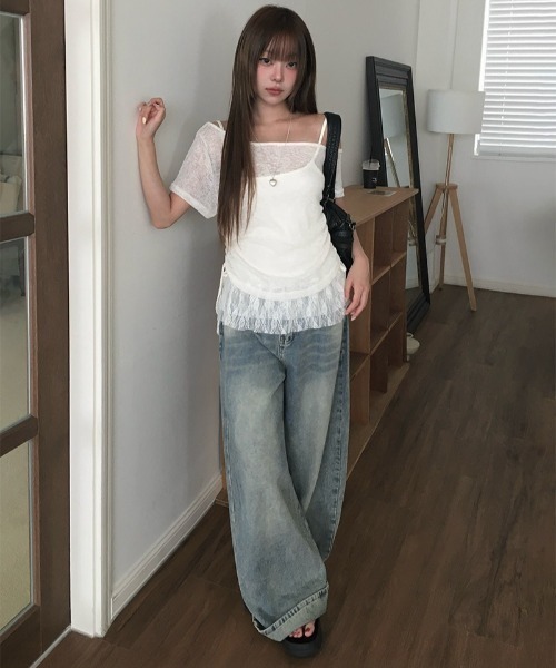 anyonemore(エニワンモア)の「テープヤーン半袖Tシャツ+裾レースフリルキャミソールセット(Tシャツ/カットソー・レディース・ライトベージュ/グレー・FREE)」の6枚目の写真