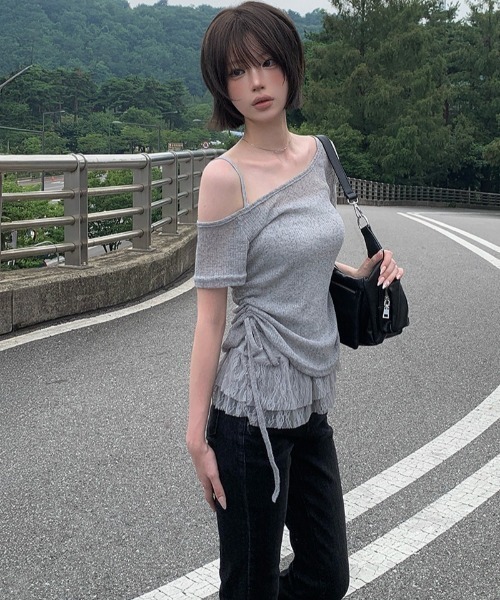 anyonemore(エニワンモア)の「テープヤーン半袖Tシャツ+裾レースフリルキャミソールセット(Tシャツ/カットソー・レディース・ライトベージュ/グレー・FREE)」の15枚目の写真