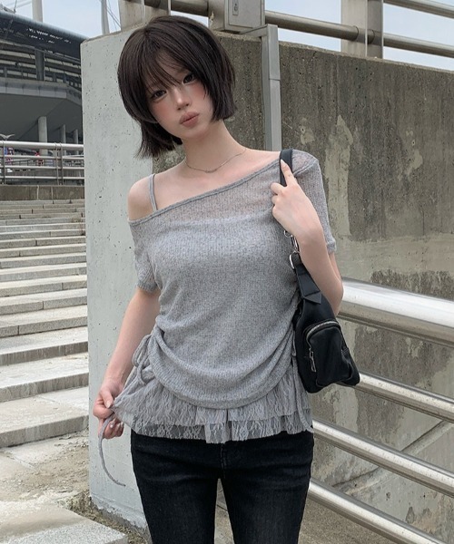anyonemore(エニワンモア)の「テープヤーン半袖Tシャツ+裾レースフリルキャミソールセット(Tシャツ/カットソー・レディース・ライトベージュ/グレー・FREE)」の9枚目の写真
