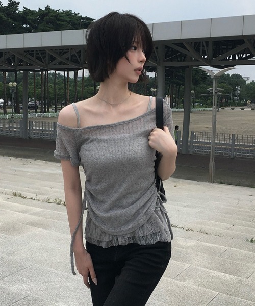 anyonemore(エニワンモア)の「テープヤーン半袖Tシャツ+裾レースフリルキャミソールセット(Tシャツ/カットソー・レディース・ライトベージュ/グレー・FREE)」の11枚目の写真