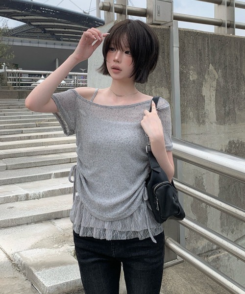anyonemore(エニワンモア)の「テープヤーン半袖Tシャツ+裾レースフリルキャミソールセット(Tシャツ/カットソー・レディース・ライトベージュ/グレー・FREE)」の10枚目の写真