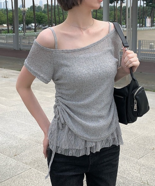 anyonemore(エニワンモア)の「テープヤーン半袖Tシャツ+裾レースフリルキャミソールセット(Tシャツ/カットソー・レディース・ライトベージュ/グレー・FREE)」の13枚目の写真