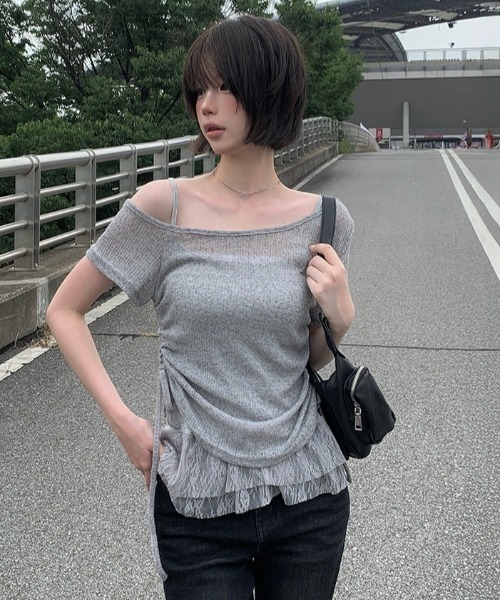 anyonemore(エニワンモア)の「テープヤーン半袖Tシャツ+裾レースフリルキャミソールセット(Tシャツ/カットソー・レディース・ライトベージュ/グレー・FREE)」の14枚目の写真