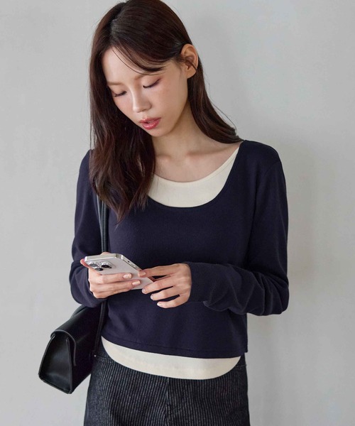 ぞ様　DAIRIKU LIAM C'MON YOU KNOW 長袖カットソー セール】レイヤード風ラウンドネック長袖トップス（Tシャツ