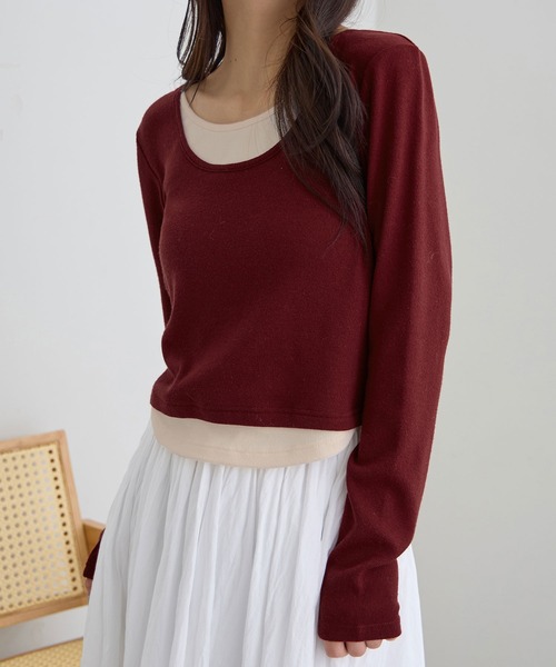 CHAN ME（チャンミ）の「レイヤード風ラウンドネック長袖トップス（Tシャツ/カットソー・レディース・ブラック/レッド/アイボリー/ネイビー・MEDIUM/X-LARGE/LARGE）」の4枚目の写真