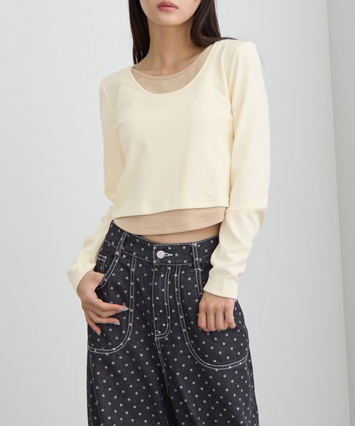 CHAN ME（チャンミ）の「レイヤード風ラウンドネック長袖トップス（Tシャツ/カットソー・レディース・ブラック/レッド/アイボリー/ネイビー・MEDIUM/X-LARGE/LARGE）」の2枚目の写真