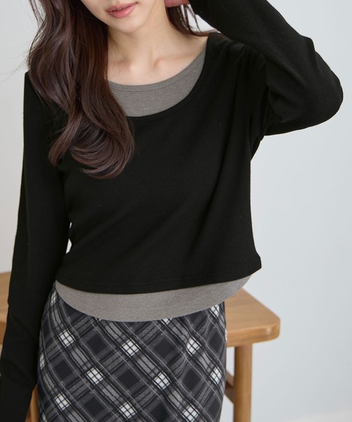 CHAN ME（チャンミ）の「レイヤード風ラウンドネック長袖トップス（Tシャツ/カットソー・レディース・ブラック/レッド/アイボリー/ネイビー・MEDIUM/X-LARGE/LARGE）」の3枚目の写真