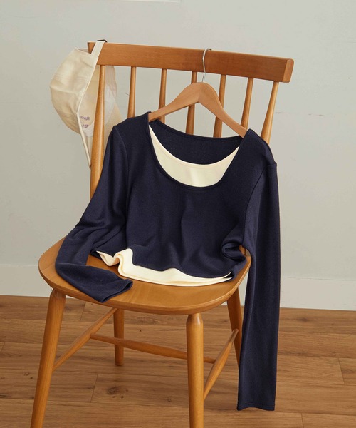 セール】レイヤード風ラウンドネック長袖トップス（Tシャツ