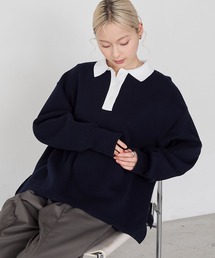 【forksy.】【セットアップ対応】スウェットライクラガーニットプルオーバーネイビー