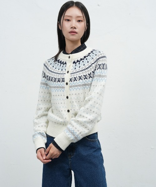 GENERAL IDEA（ジェネラルアイデア）の「wool fair isle cardigan ノルディック柄ラグラン袖カーディガン（カーディガン/ボレロ・レディース・グレー/アイボリー/ピンク・L/M/S）」の4枚目の写真