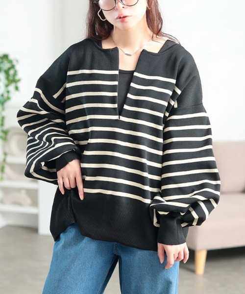 GOLDJAPAN(ゴールドジャパン)の「2wayハーフZIPパネルボーダーニット【大きいサイズ対応】(ニット/セーター・レディース・ホワイト×ブラック/ブラック×ホワイト・5L/4L/3L/LL)」の1枚目の写真