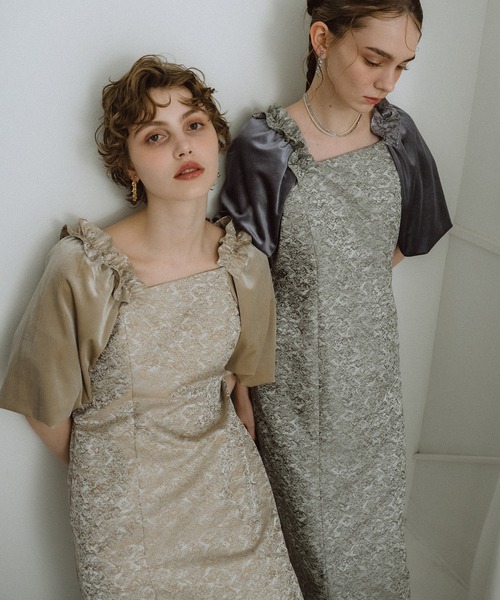 et.UNiVER(エトユニベール)の「Puff-sleeve Jacquard Dress(ドレス・レディース・ブルーグレー/グリーン/ピンク/ベージュ・SMALL/MEDIUM/LARGE)」の15枚目の写真