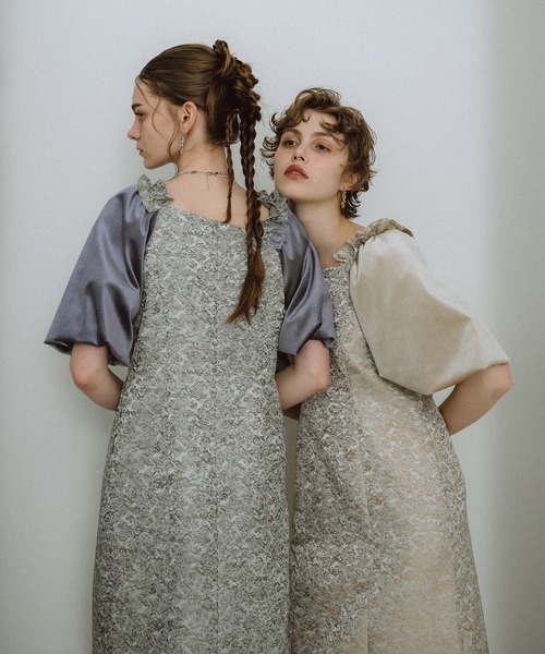 et.UNiVER(エトユニベール)の「Puff-sleeve Jacquard Dress(ドレス・レディース・ブルーグレー/グリーン/ピンク/ベージュ・SMALL/MEDIUM/LARGE)」の5枚目の写真