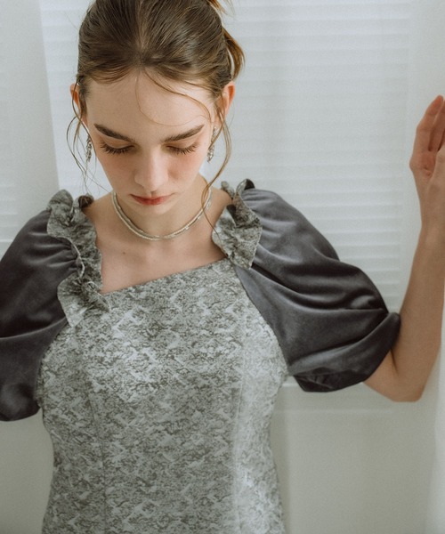 et.UNiVER(エトユニベール)の「Puff-sleeve Jacquard Dress(ドレス・レディース・ブルーグレー/グリーン/ピンク/ベージュ・SMALL/MEDIUM/LARGE)」の20枚目の写真
