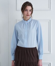 【美品】ドレステリア フリルカラー デニムシャツ ブラウス ブルー 美品】ドレステリア フリルカラー デニムシャツ ブラウス ブルー