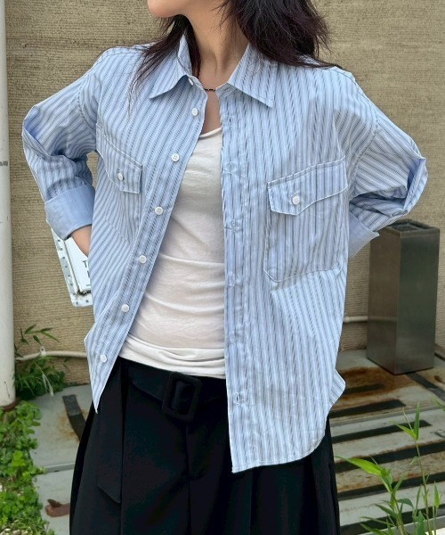 セール】【Chikashitsu +】cropped pocket stripe shirt